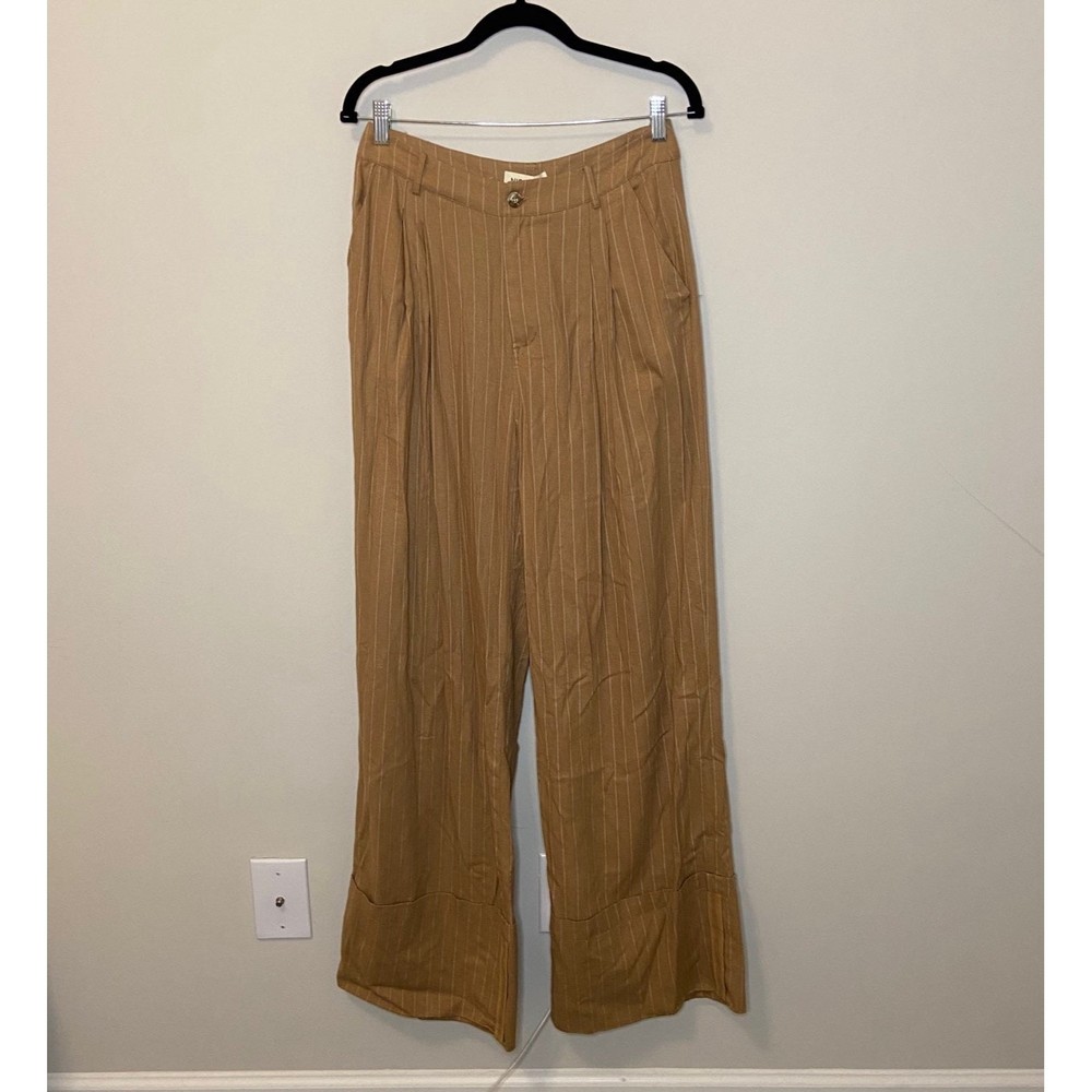 Nicholas The Label Carleigh Wide Leg Trouser Caramel Pinstripe Linen Blend Sz 8